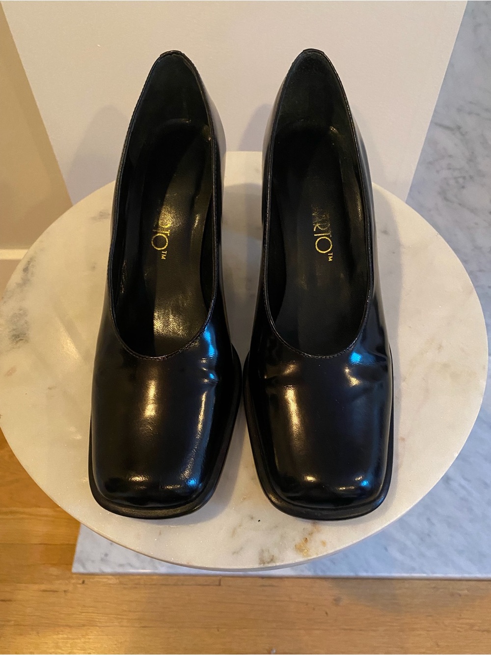 Franco Sarto Black Patent Square-Toe Pumps with Mid Heel